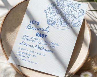 Handritad inbjudan till babyshowerbrunch på Canva-mall, inbjudan till blivande mammabrunch, redigerbar mall för babyströssel med brunch