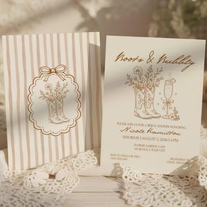 May include: A bridal shower invitation set featuring a card with vertical beige stripes and a scalloped frame containing a line drawing of cowboy boots with flowers, and a second card with the text Boots & Bubbly and event details.