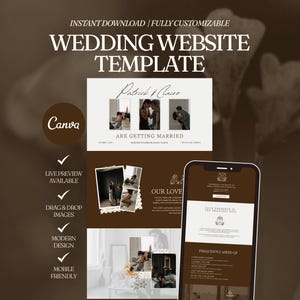 Op de afbeelding: Een sjabloon voor een trouwwebsite weergegeven op een smartphone en een computerscherm. Het ontwerp bevat foto's, tekst en de woorden "Patrick & Claire" en "ARE GETTING MARRIED". De sjabloon is volledig aanpasbaar en mobielvriendelijk.