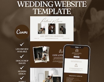 Elegante bruiloftwebsitesjabloon neutrale kleuren, bewerkbare canvasbruine bruiloftsuitnodigingssite (digitale download)