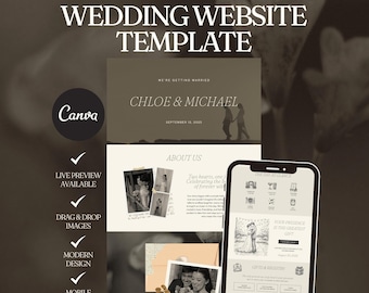 Plantilla de sitio web de boda romántica Canva Invitación de sitio web de boda Sitio web de boda estético RSVP Plantilla minimalista editable para guardar la fecha
