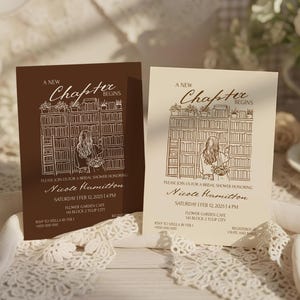 May include: Two bridal shower invitations, one brown, one cream. Both feature a line drawing of a woman in a library with the text "A New Chapter Begins." The invitations include the name Nicole Hamilton and event details.
