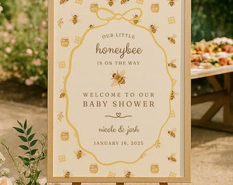 Lite honung är på väg Välkomstskylt för babyshower Babyshower-dekor Canva-mall Redigerbar skylt med vår lilla honungsbi, babyströ