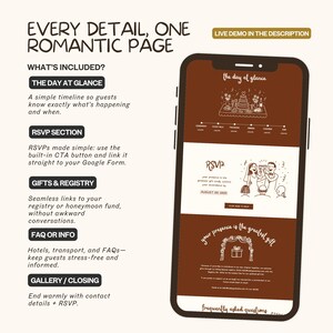K&ouml;nnte beinhalten: Ein Smartphone zeigt eine Benutzeroberfl&auml;che einer Hochzeitsplanungs-App. Der Bildschirm zeigt eine Zeitleiste, einen RSVP-Bereich, eine Geschenkliste und FAQ-Informationen. Das App-Design ist in Braun- und Wei&szlig;t&ouml;nen gehalten, mit Illustrationen.