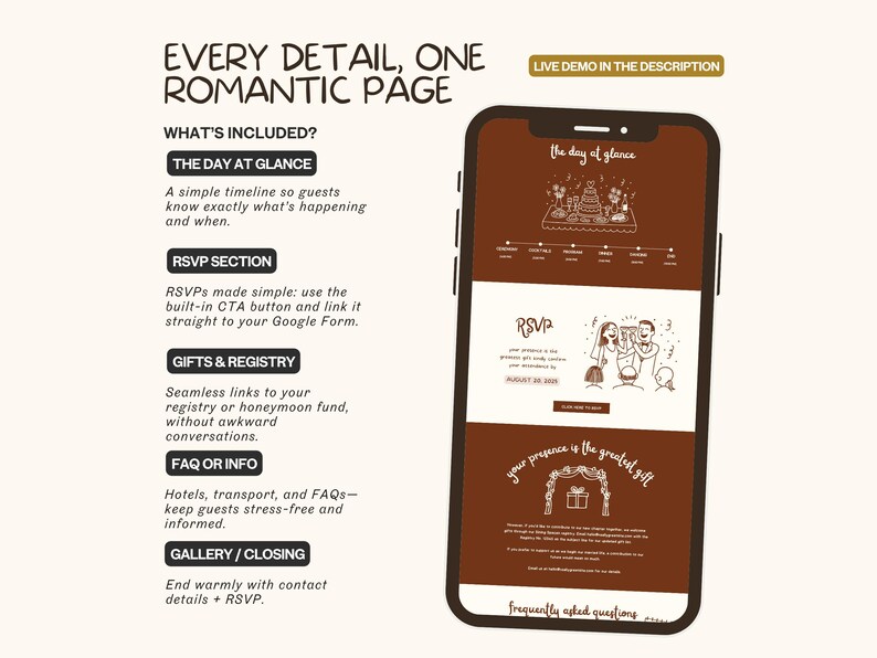 K&ouml;nnte beinhalten: Ein Smartphone zeigt eine Benutzeroberfl&auml;che einer Hochzeitsplanungs-App. Der Bildschirm zeigt eine Zeitleiste, einen RSVP-Bereich, eine Geschenkliste und FAQ-Informationen. Das App-Design ist in Braun- und Wei&szlig;t&ouml;nen gehalten, mit Illustrationen.