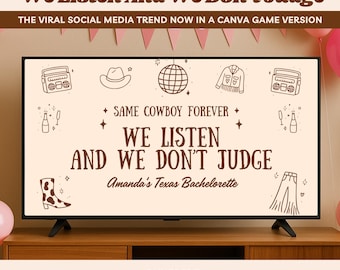 Last Rodeo We Listen And We Do not Judge Vrijgezellenfeestspel Texas Nashville Thema Bach Canva-spelsjabloon Leuk vrijgezellenfeest drinkspel