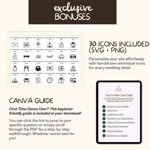 K&ouml;nnte beinhalten: Ein Bild mit Hochzeitsikonen, einem Canva-Leitfaden und einem Tablet mit einem Leitfaden. Der Text enth&auml;lt "exclusive BONUSES" und "30 ICONS INCLUDED (SVG + PNG)". Der Canva-Leitfaden ist f&uuml;r Anf&auml;nger.