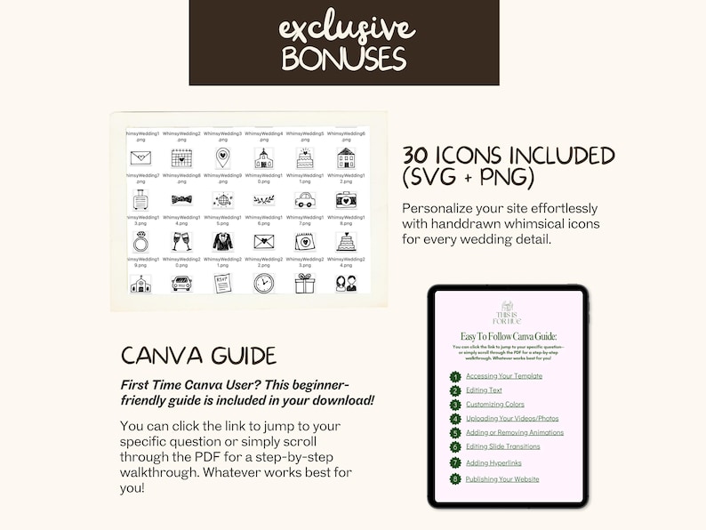 K&ouml;nnte beinhalten: Ein Bild mit Hochzeitsikonen, einem Canva-Leitfaden und einem Tablet mit einem Leitfaden. Der Text enth&auml;lt "exclusive BONUSES" und "30 ICONS INCLUDED (SVG + PNG)". Der Canva-Leitfaden ist f&uuml;r Anf&auml;nger.