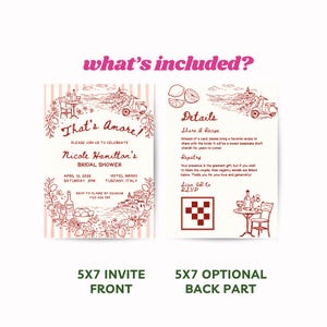 May include: A two-sided invitation set for a bridal shower. The front features the text "That's Amore!" with event details and illustrations of Italian scenery. The back includes details about sharing a recipe and registry information.