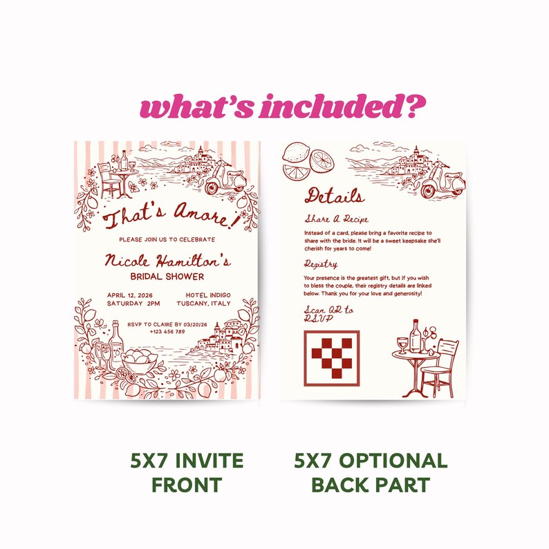 May include: A two-sided invitation set for a bridal shower. The front features the text "That's Amore!" with event details and illustrations of Italian scenery. The back includes details about sharing a recipe and registry information.