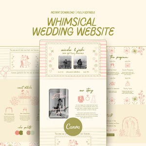 May include: A whimsical wedding website template with a soft color palette. The design includes sections for event details, the program, and the couple's story. The text "WHIMSICAL WEDDING WEBSITE" is displayed at the top. The template is fully editable and available for instant download.