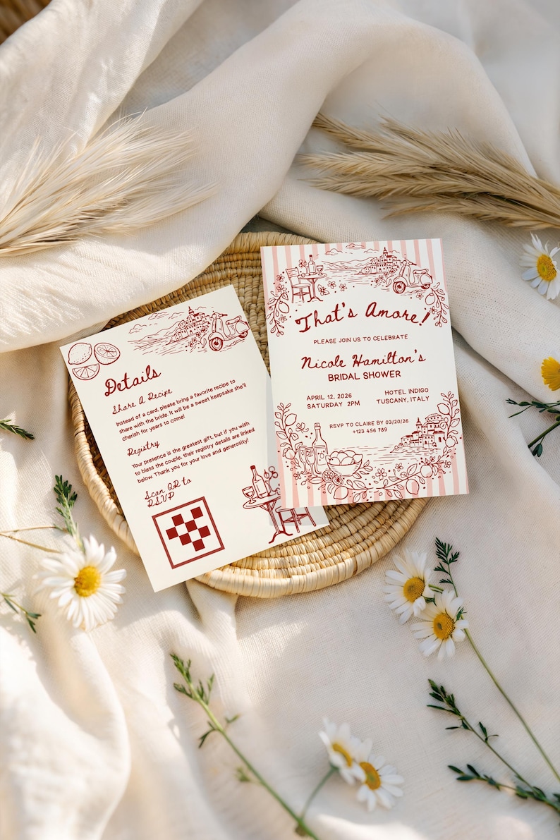 That's Amore Bridal Shower Invitation Template Handdrawn, Canva Editable Italian Summer Themed Brunch Party Invite, Ciao Bella, Red Stripes image 10