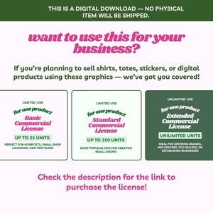 May include: Digital download graphic with text: "want to use this for your business?" and license options: Basic, Standard, and Extended Commercial Licenses. Each license has different unit limits. The image includes the text "Check the description for the link to purchase the license!"