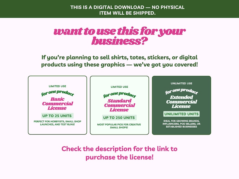 May include: Digital download graphic with text: "want to use this for your business?" and license options: Basic, Standard, and Extended Commercial Licenses. Each license has different unit limits. The image includes the text "Check the description for the link to purchase the license!"