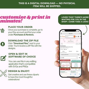 May include: An image showing a smartphone displaying an Etsy shop. The screen shows a digital download product. Text on the image says "customize & print in minutes!" and provides instructions for downloading and editing the digital file.