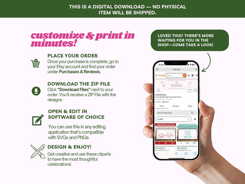 May include: An image showing a smartphone displaying an Etsy shop. The screen shows a digital download product. Text on the image says "customize & print in minutes!" and provides instructions for downloading and editing the digital file.
