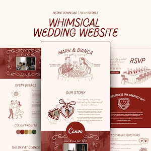 May include: A whimsical wedding website template with a burgundy and cream color scheme. The design includes illustrations of a couple, event details, and RSVP information. Text includes "WHIMSICAL WEDDING WEBSITE" and "MARK & BIANCA are getting married."