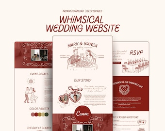 Red Whimsical Wedding Website Red Vintage Wedding Website Template Canva Retro Wedding Website RSVP Hand Drawn Quirky Save The Date Invite