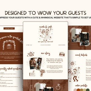 K&ouml;nnte beinhalten: Ein Hochzeitswebsite-Design mit einem braunen und wei&szlig;en Farbschema. Das Design enth&auml;lt Illustrationen eines Paares, Hochzeitsdetails und den Text "Designed to Wow Your Guests". Die Website ist einfach einzurichten.