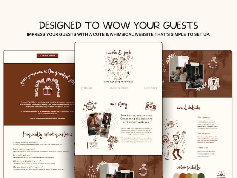 K&ouml;nnte beinhalten: Ein Hochzeitswebsite-Design mit einem braunen und wei&szlig;en Farbschema. Das Design enth&auml;lt Illustrationen eines Paares, Hochzeitsdetails und den Text "Designed to Wow Your Guests". Die Website ist einfach einzurichten.