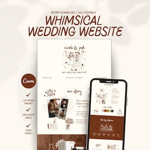 K&ouml;nnte beinhalten: Eine skurrile Hochzeitswebsite-Vorlage, die auf einem Tablet und einem Smartphone angezeigt wird. Das Design verf&uuml;gt &uuml;ber ein braunes und wei&szlig;es Farbschema mit Illustrationen eines Paares, Veranstaltungsdetails und dem Text "WHIMSICAL WEDDING WEBSITE".
