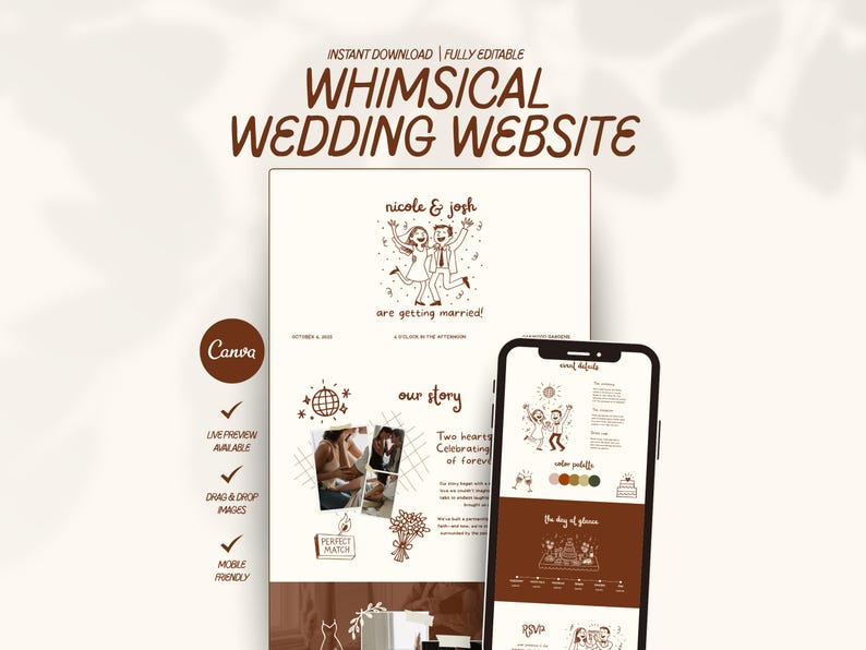 K&ouml;nnte beinhalten: Eine skurrile Hochzeitswebsite-Vorlage, die auf einem Tablet und einem Smartphone angezeigt wird. Das Design verf&uuml;gt &uuml;ber ein braunes und wei&szlig;es Farbschema mit Illustrationen eines Paares, Veranstaltungsdetails und dem Text "WHIMSICAL WEDDING WEBSITE".