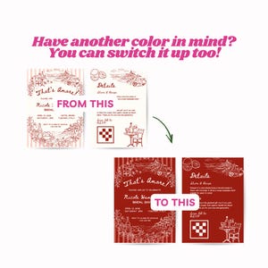 May include: A comparison of two invitation designs. The top design is a light beige with red accents, while the bottom design is red with white accents. Both feature the text "That's Amore" and event details.