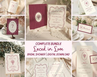May include: A bridal shower stationery bundle featuring a Laced in Love theme with cream and deep red color schemes. The set includes invitations, menu cards, table numbers, favor tags, and welcome signs, all decorated with ornate floral frames.