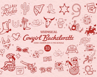 Sista Rodeo Bachelorette Clipart Bundle, Nashville Bachelorette SVG Illustration, Nyckfull Handritad Bachelorette PNG Bundle Cowgirl Bach