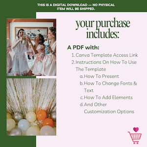 Puede incluir: Gr&aacute;fico de descarga digital con el texto "THIS IS A DIGITAL DOWNLOAD - NO PHYSICAL ITEM WILL BE SHIPPED." y "your purchase includes: A PDF with: 1. Canva Template Access Link..." Incluye una foto de mujeres con batas y globos.