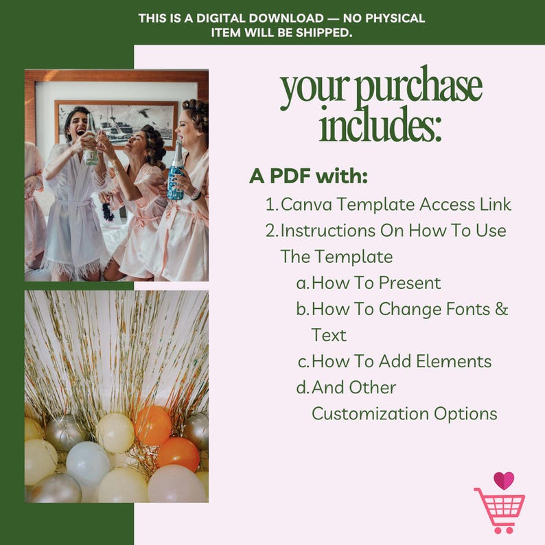 Puede incluir: Gr&aacute;fico de descarga digital con el texto "THIS IS A DIGITAL DOWNLOAD - NO PHYSICAL ITEM WILL BE SHIPPED." y "your purchase includes: A PDF with: 1. Canva Template Access Link..." Incluye una foto de mujeres con batas y globos.