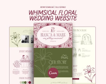 Burgundy Pink Green Whimsical Wedding Website Floral Vintage Wedding Website Canva Romantic Wedding Online RSVP Hand Drawn Save The Date