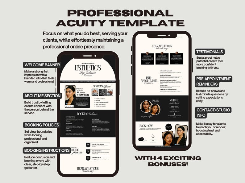 Pode incluir: Uma maquete em preto e branco de um site para um neg&oacute;cio de est&eacute;tica. O site apresenta um banner de boas-vindas, uma se&ccedil;&atilde;o sobre mim, pol&iacute;ticas de reserva, instru&ccedil;&otilde;es de reserva, depoimentos, lembretes pr&eacute;-agendamento, informa&ccedil;&otilde;es de contato/est&uacute;dio e uma se&ccedil;&atilde;o para ouvir o que nossos clientes dizem. O site tamb&eacute;m apresenta um bot&atilde;o de reserva e um bot&atilde;o de visita.