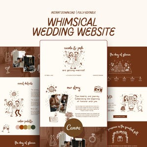 May include: A whimsical wedding website template in brown and cream. The design features illustrations of a couple, wedding details, and the text "WHIMSICAL WEDDING WEBSITE". The template is fully editable and available for instant download.