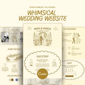 May include: A cream-coloured wedding website template with gold detailing. The design features sections for event details, the couple's story, and RSVP information. Text includes "MARK & BIANCA are getting married" and "WHIMSICAL WEDDING WEBSITE".