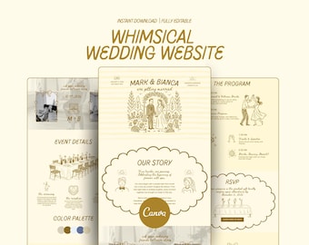Żółty szablon strony internetowej ślubu w maśle, fantazyjna pastelowa strona internetowa ślubu Canva, RSVP online, ręcznie rysowane zaproszenie na datę w kanarkowym kolorze