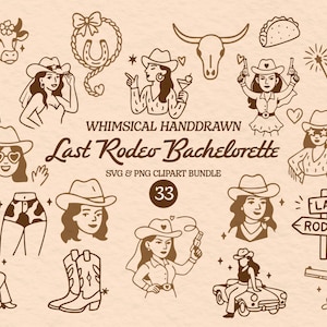 Puede incluir: Imagen de un conjunto de imágenes prediseñadas SVG y PNG "Last Rodeo Bachelorette" dibujadas a mano. La imagen presenta 33 ilustraciones de vaqueras, botas de vaquero, una calavera de toro, un taco y otros elementos temáticos de rodeo.