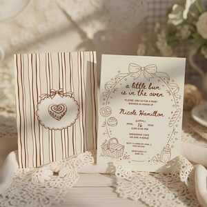 Redigerbar inbjudan till babyshowerfesten "Bullen är i ugnen", Canva-inbjudan med nyckfull handritad kokettrosé, könsneutral babyströssel bild 12
