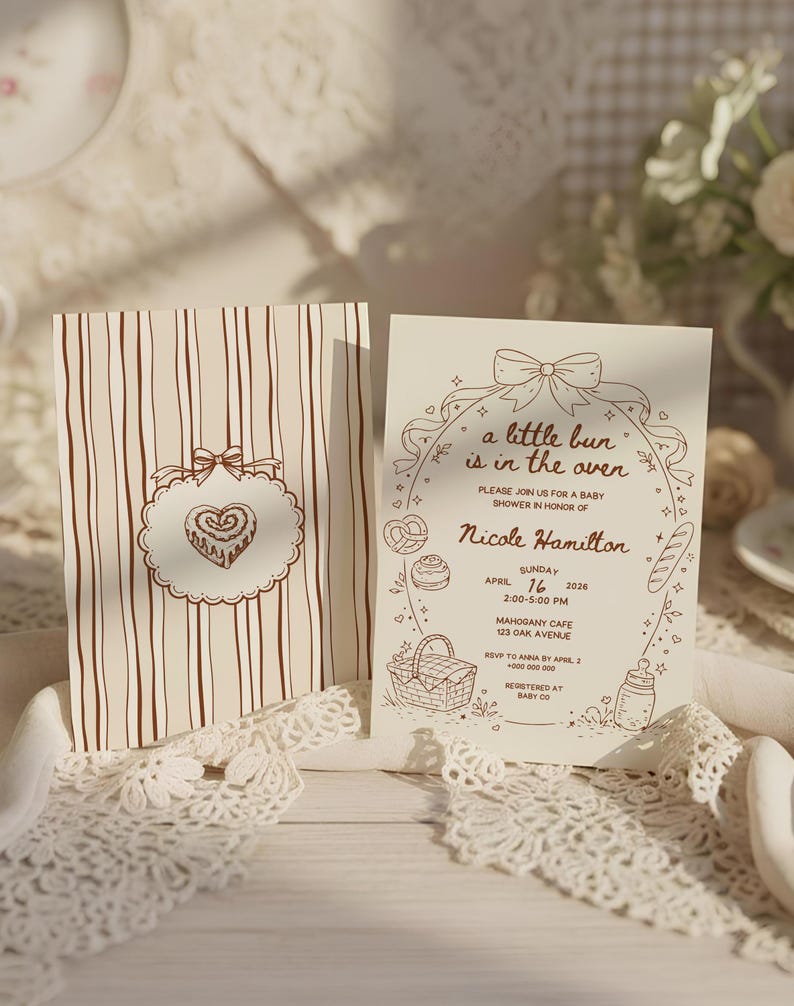 Redigerbar inbjudan till babyshowerfesten "Bullen är i ugnen", Canva-inbjudan med nyckfull handritad kokettrosé, könsneutral babyströssel bild 12