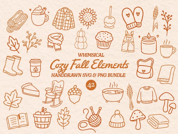 Cozy Fall Clipart Bundle Fall Desserts Svg Illustration Whimsical Handdrawn Autumn Leaves Png Sticker for Autumn Season Png Fall Vibes Png