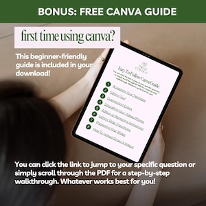 Puede incluir: Una tableta muestra una gu&iacute;a de Canva titulada "Easy To Follow Canva Guide". La gu&iacute;a cubre temas como "Acceder a su plantilla" y "Editar texto". La imagen tambi&eacute;n incluye el texto "first time using canva?" y "BONUS: FREE CANVA GUIDE."