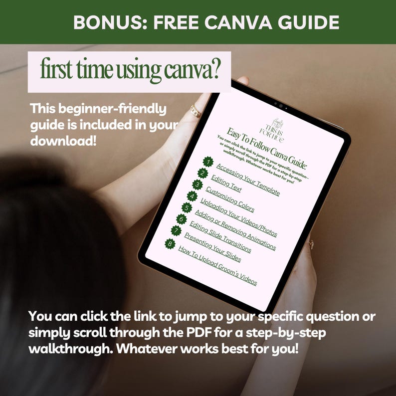 Puede incluir: Una tableta muestra una gu&iacute;a de Canva titulada "Easy To Follow Canva Guide". La gu&iacute;a cubre temas como "Acceder a su plantilla" y "Editar texto". La imagen tambi&eacute;n incluye el texto "first time using canva?" y "BONUS: FREE CANVA GUIDE."