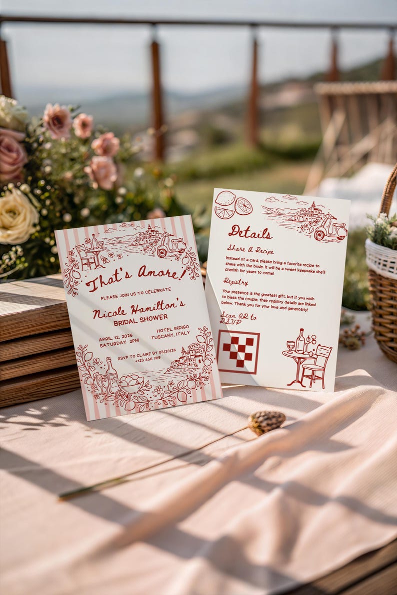 That's Amore Bridal Shower Invitation Template Handdrawn, Canva Editable Italian Summer Themed Brunch Party Invite, Ciao Bella, Red Stripes image 2