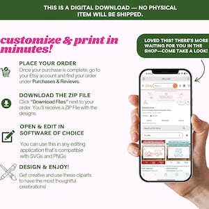 May include: Image promoting a digital download from Etsy. Instructions include ordering, downloading a ZIP file, editing in compatible software, and designing. A phone displays an Etsy shop. Text reads: "customize & print in minutes!"