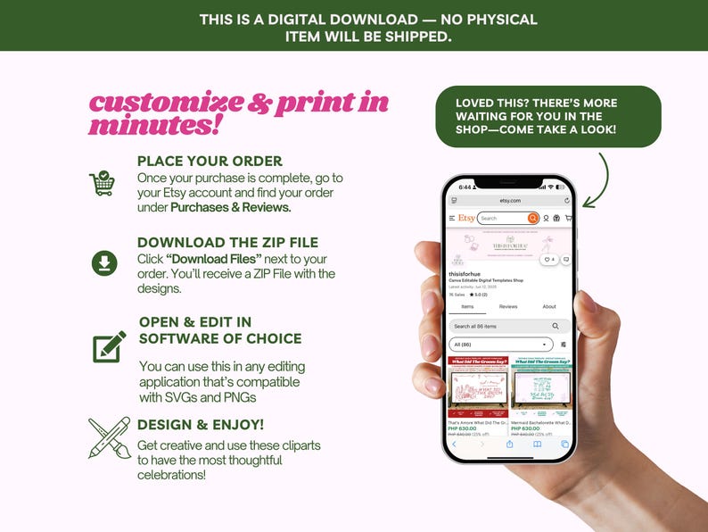 May include: Image promoting a digital download from Etsy. Instructions include ordering, downloading a ZIP file, editing in compatible software, and designing. A phone displays an Etsy shop. Text reads: "customize & print in minutes!"