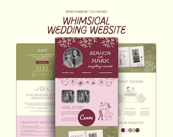 Pink & Green Whimsical Wedding Website Floral Vintage Wedding Website Canva Romantic Wedding Website RSVP Hand Drawn Burgundy Wedding Invite