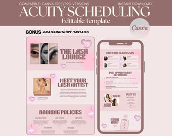 Site Pink Acuity, Modelo de Agendamento Y2K Lash Tech Acuity, Página de Reservas DIY Acuity no Chrome, Site de Estética no Canva, Modelo para Stories do Instagram