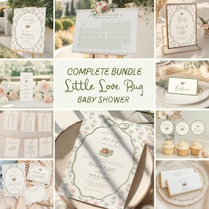 Puede incluir: Un conjunto completo de decoraciones para baby shower con un tema floral y de mariquita. Incluye invitaciones, letreros, tarjetas de lugar y adornos para cupcakes. La invitación dice "Our little love bug is on the way" e incluye la fecha del 2 de agosto de 2025.