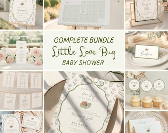 En liten kärleksbagge är på väg Komplett redigerbar mallpaket Canva, babyströspel, skyltar, nyckelpiga babyshowerbrunchdekor