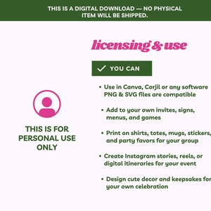 May include: Digital download graphic with text: "THIS IS A DIGITAL DOWNLOAD - NO PHYSICAL ITEM WILL BE SHIPPED." The image includes the words "licensing & use" and "YOU CAN" with bullet points detailing permitted uses, such as Canva and printing on various items.